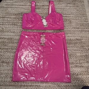 NWT Boohoo Hot Pink Vinyl Two Piece Co-Ord Set Size 10